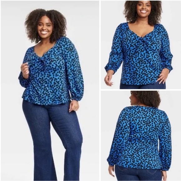 😍5/$10 Ava & Viv Blue Dot Long Sleeve Sweetheart Neck Tie Front Blouse 3X - Picture 1 of 9